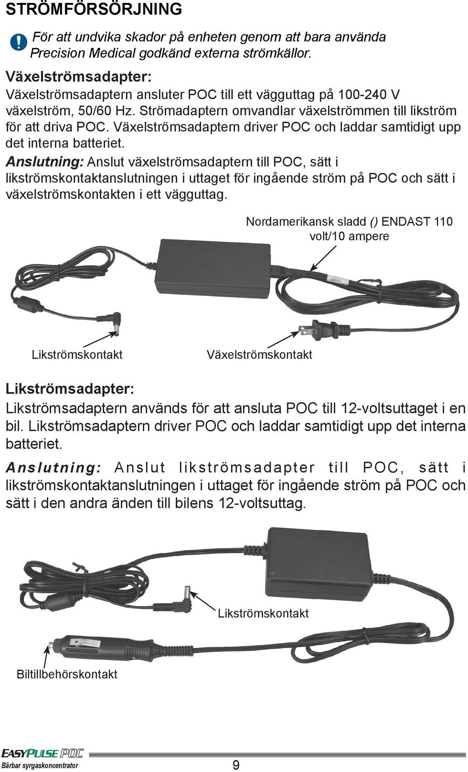 Växelströmsadaptern driver POC och laddar samtidigt upp det interna batteriet.