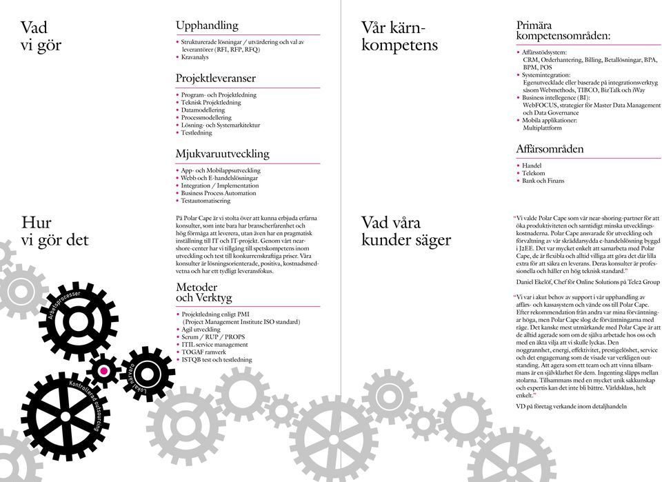 Systemintegration: Egenutvecklade eller baserade på integrationsverktyg såsom Webmethods, TIBCO, BizTalk och iway Business intellegence (BI): WebFOCUS, strategier för Master Data Management och Data