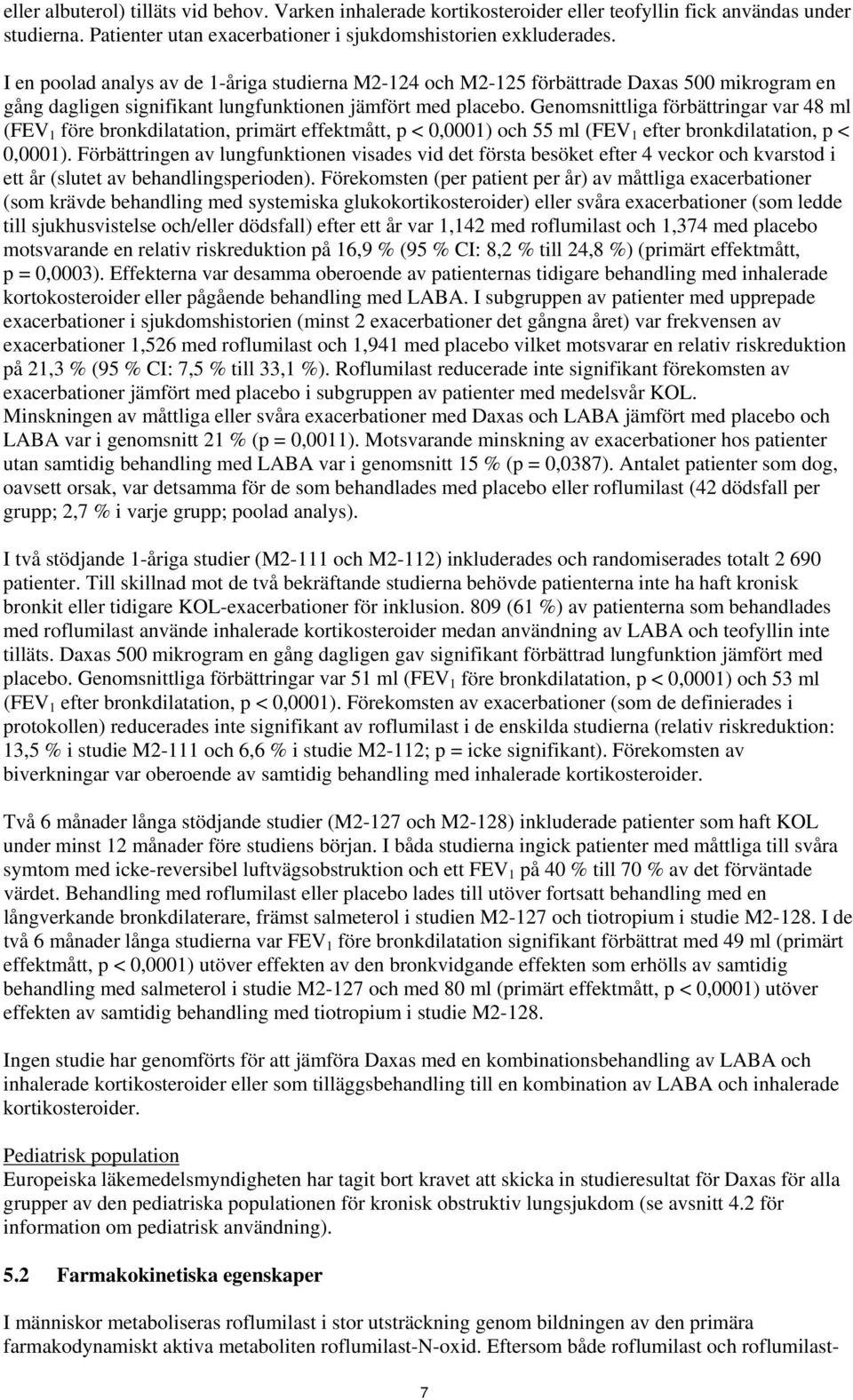 Genomsnittliga förbättringar var 48 ml (FEV 1 före bronkdilatation, primärt effektmått, p < 0,0001) och 55 ml (FEV 1 efter bronkdilatation, p < 0,0001).