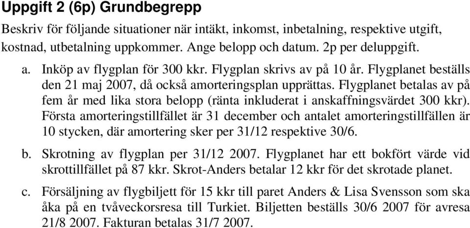 Flygplanet betalas av på fem år med lika stora belopp (ränta inkluderat i anskaffningsvärdet 300 kkr).