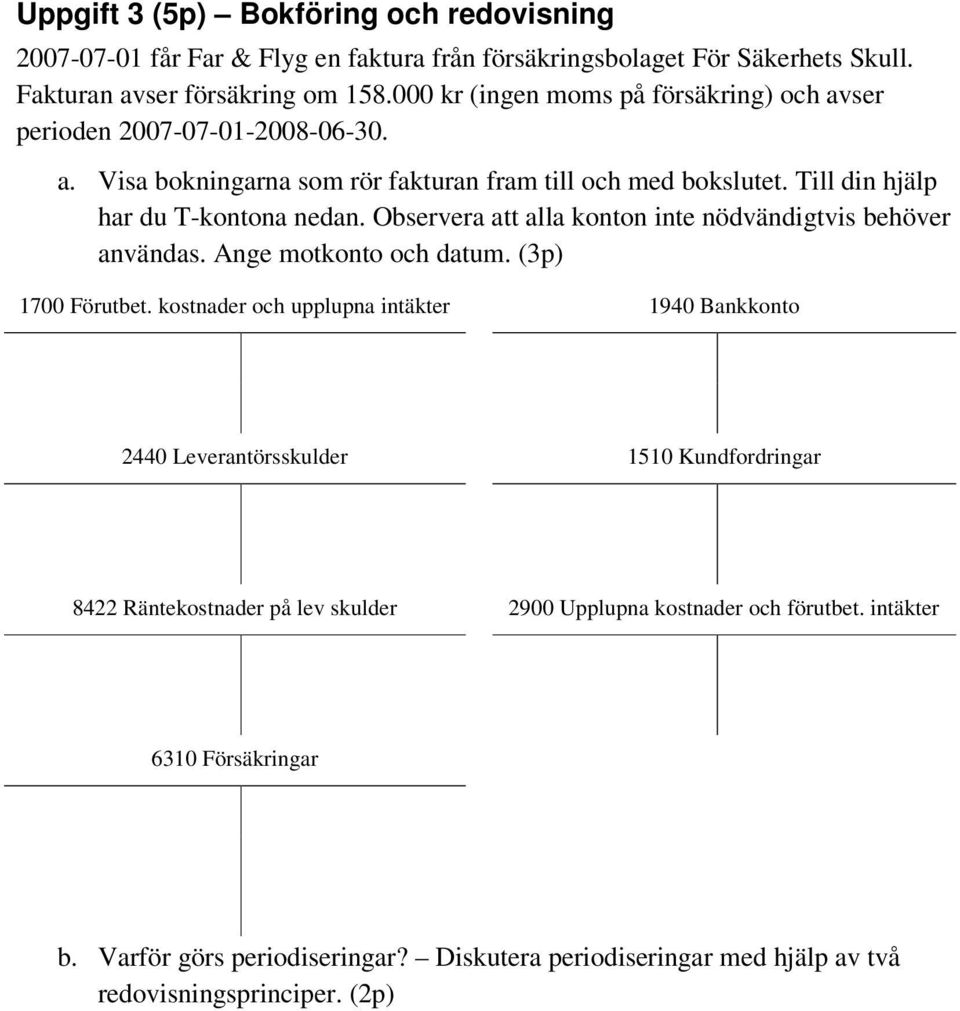 Observera att alla konton inte nödvändigtvis behöver användas. Ange motkonto och datum. (3p) 1700 Förutbet.