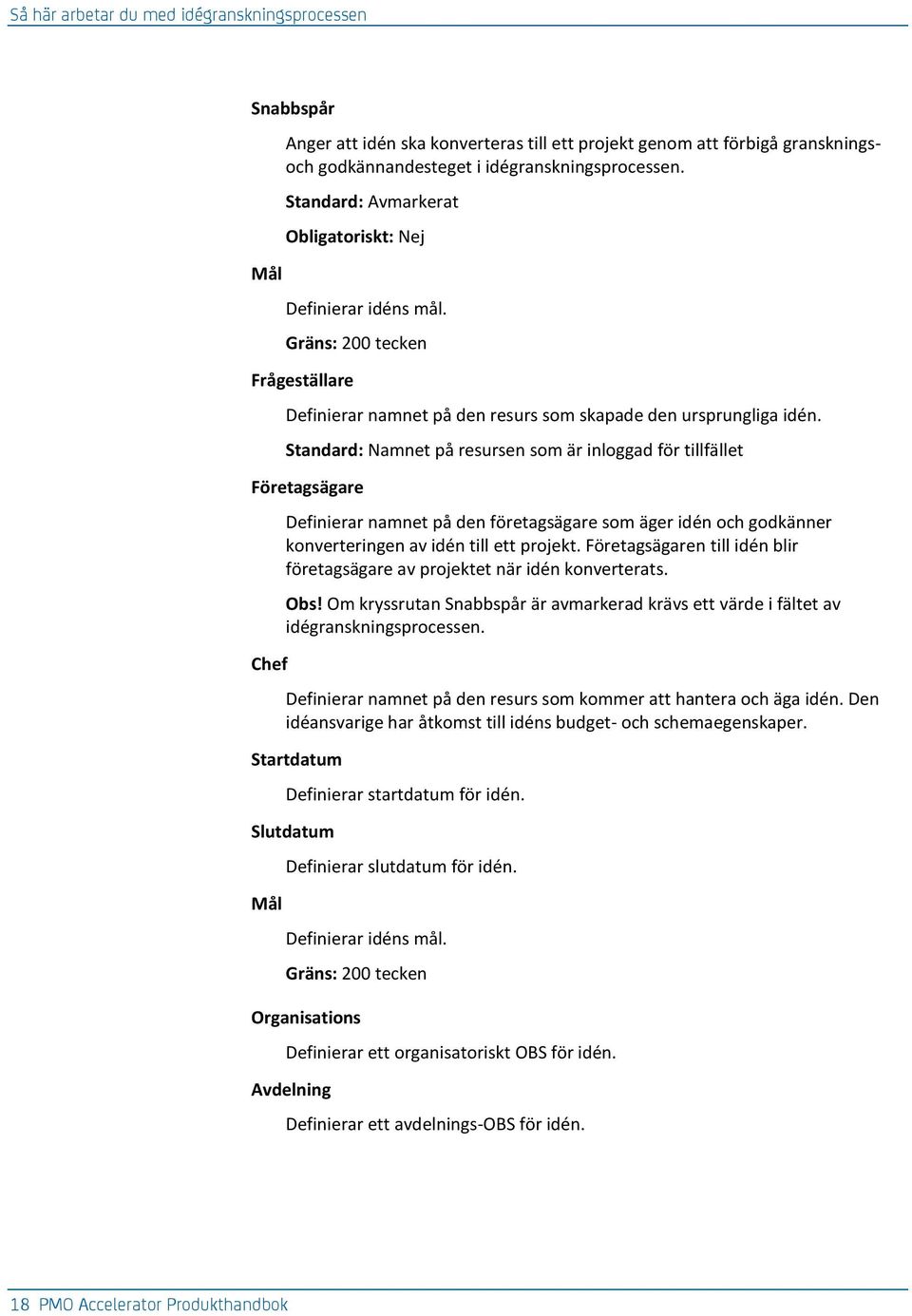 Standard: Namnet på resursen som är inloggad för tillfället Företagsägare Chef Definierar namnet på den företagsägare som äger idén och godkänner konverteringen av idén till ett projekt.