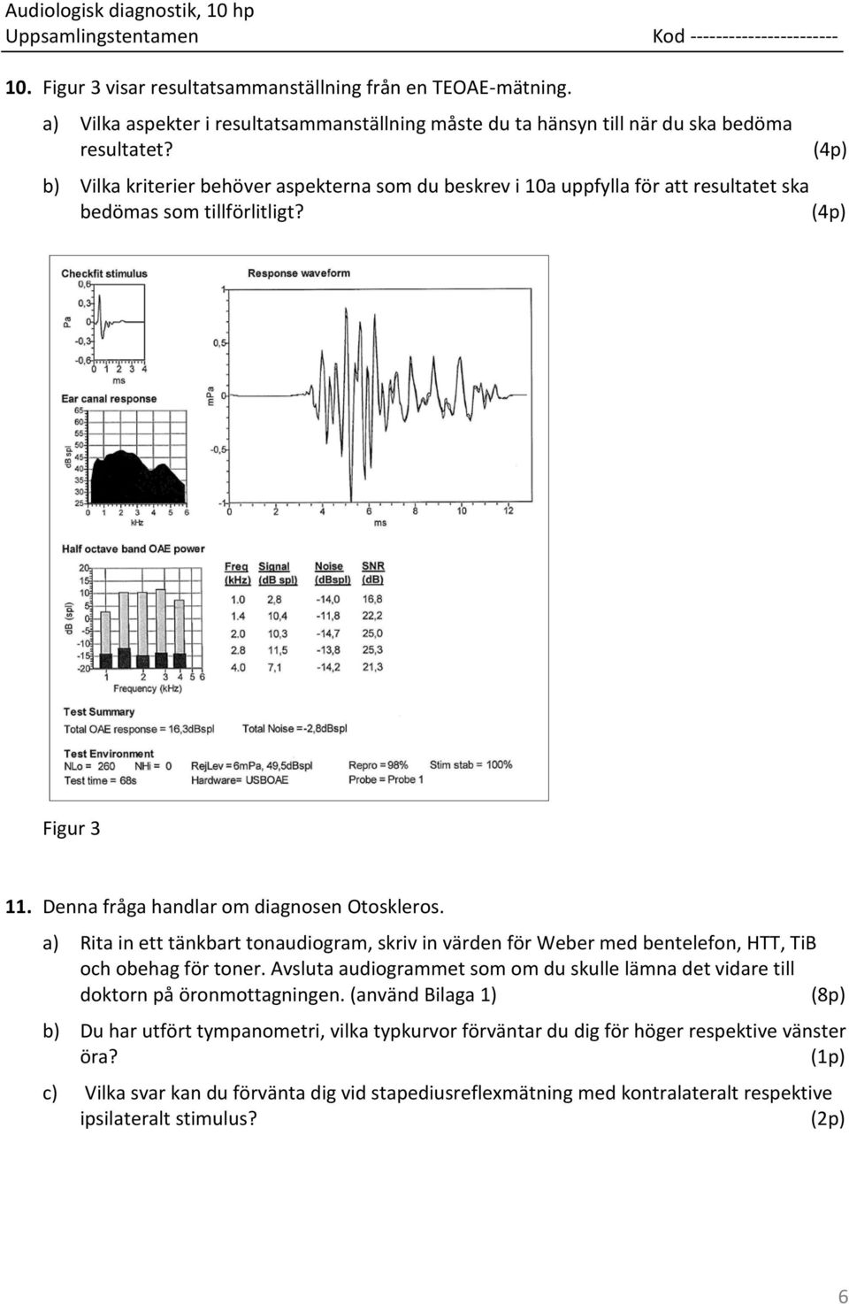 a) Rita in ett tänkbart tonaudiogram, skriv in värden för Weber med bentelefon, HTT, TiB och obehag för toner. Avsluta audiogrammet som om du skulle lämna det vidare till doktorn på öronmottagningen.