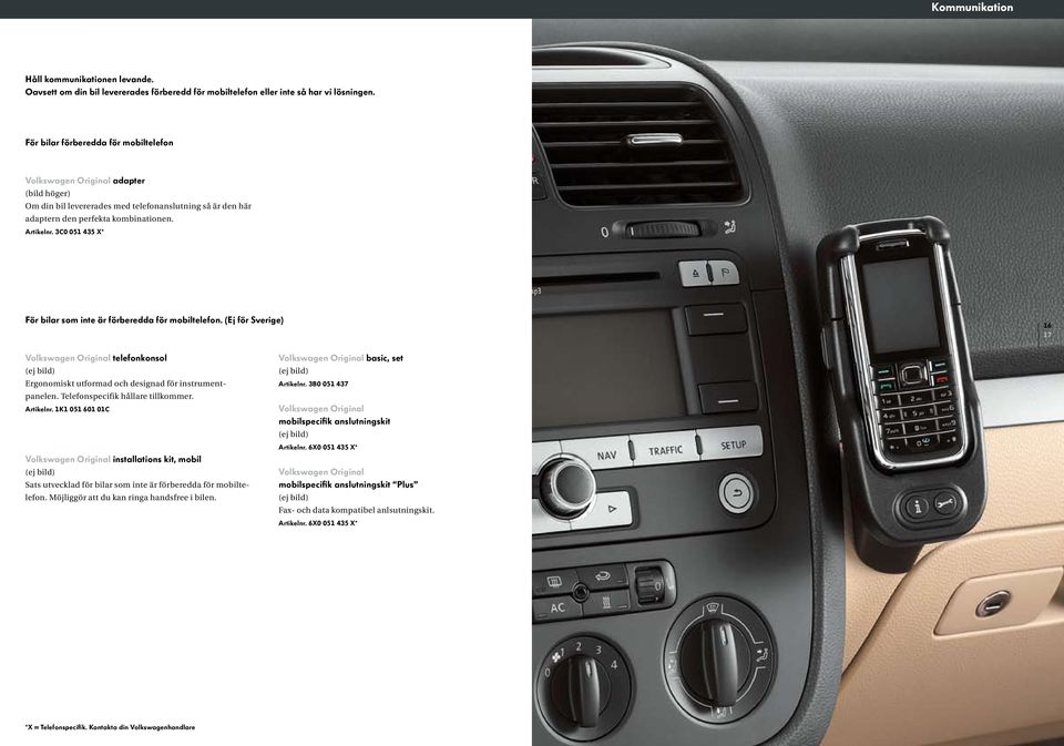 3C0 051 435 X* För bilar som inte är förberedda för mobiltelefon. (Ej för Sverige) 16 17 telefonkonsol Ergonomiskt utformad och designad för instrumentpanelen. Telefonspecifik hållare tillkommer.