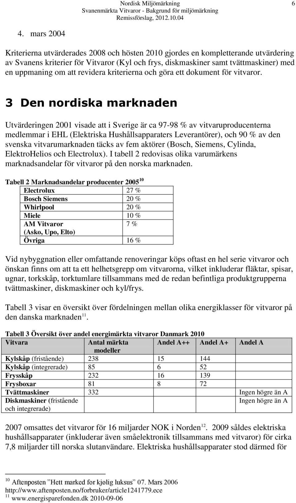3 Den nordiska marknaden Utvärderingen 2001 visade att i Sverige är ca 97-98 % av vitvaruproducenterna medlemmar i EHL (Elektriska Hushållsapparaters Leverantörer), och 90 % av den svenska