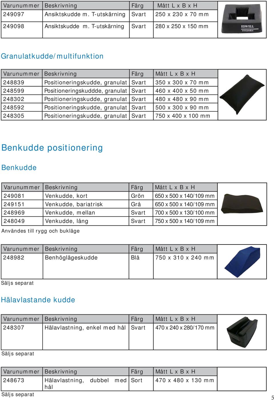 Positioneringskudde, granulat Svart 480 x 480 x 90 mm 248592 Positioneringskudde, granulat Svart 500 x 300 x 90 mm 248305 Positioneringskudde, granulat Svart 750 x 400 x 100 mm Benkudde positionering