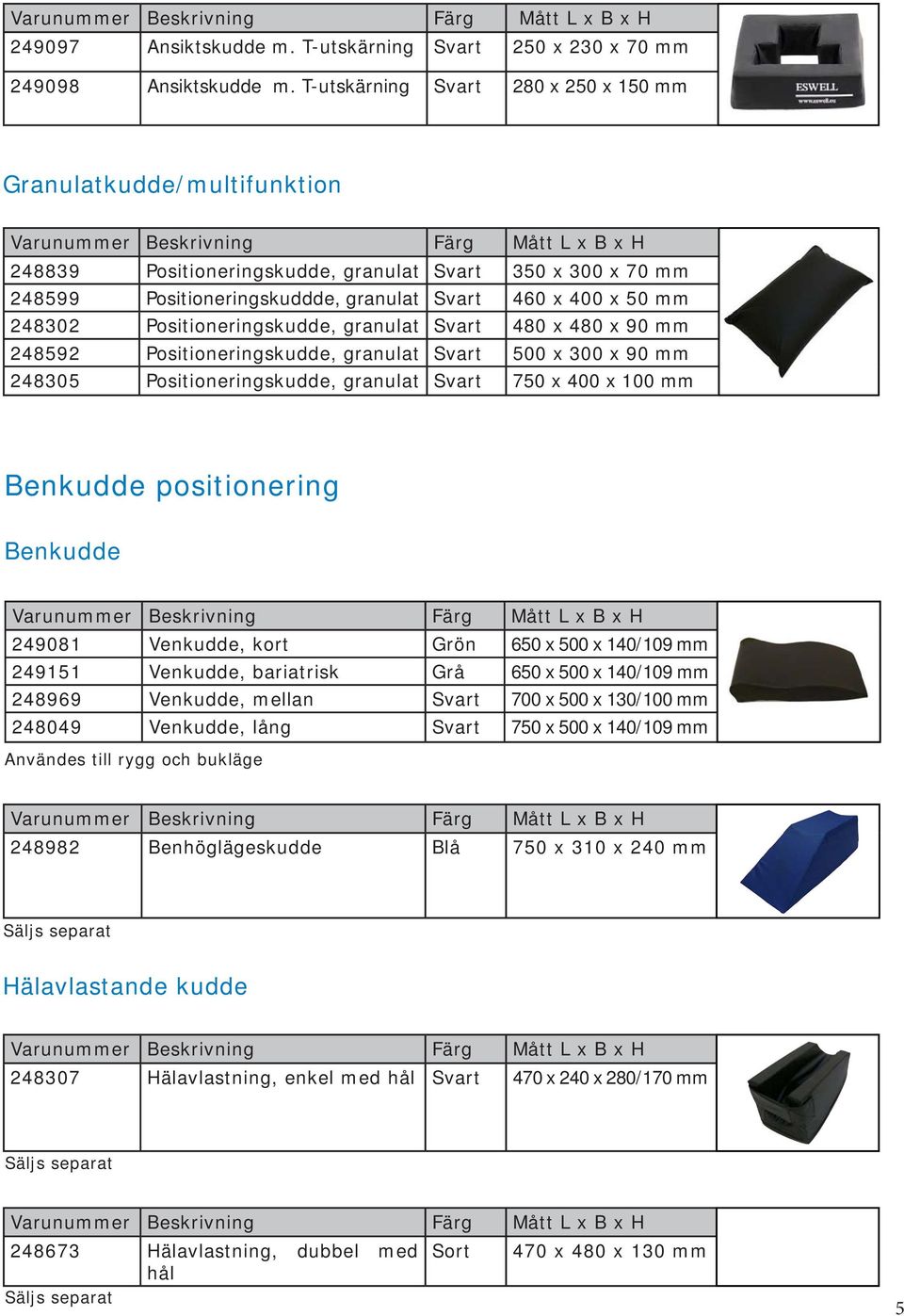 Positioneringskudde, granulat Svart 480 x 480 x 90 mm 248592 Positioneringskudde, granulat Svart 500 x 300 x 90 mm 248305 Positioneringskudde, granulat Svart 750 x 400 x 100 mm Benkudde positionering