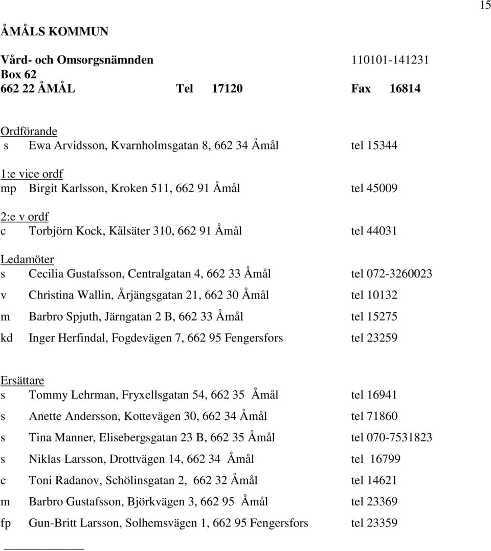 Spjuth, Järngatan 2 B, 662 33 Åmål tel 15275 kd Inger Herfindal, Fogdevägen 7, 662 95 Fengersfors tel 23259 s Tommy Lehrman, Fryxellsgatan 54, 662 35 Åmål tel 16941 s Anette Andersson, Kottevägen 30,