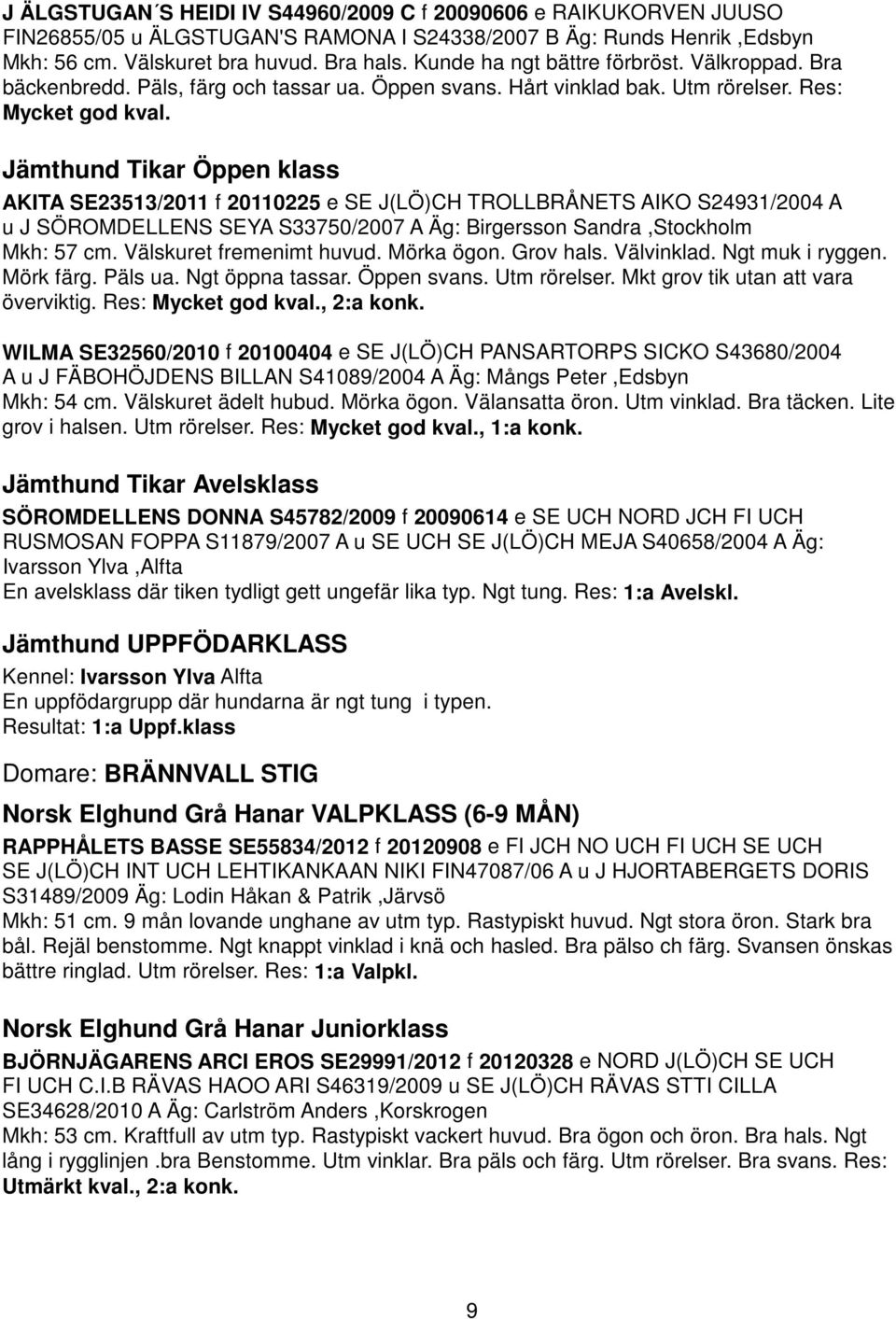 Jämthund Tikar Öppen klass AKITA SE23513/2011 f 20110225 e SE J(LÖ)CH TROLLBRÅNETS AIKO S24931/2004 A u J SÖROMDELLENS SEYA S33750/2007 A Äg: Birgersson Sandra,Stockholm Mkh: 57 cm.