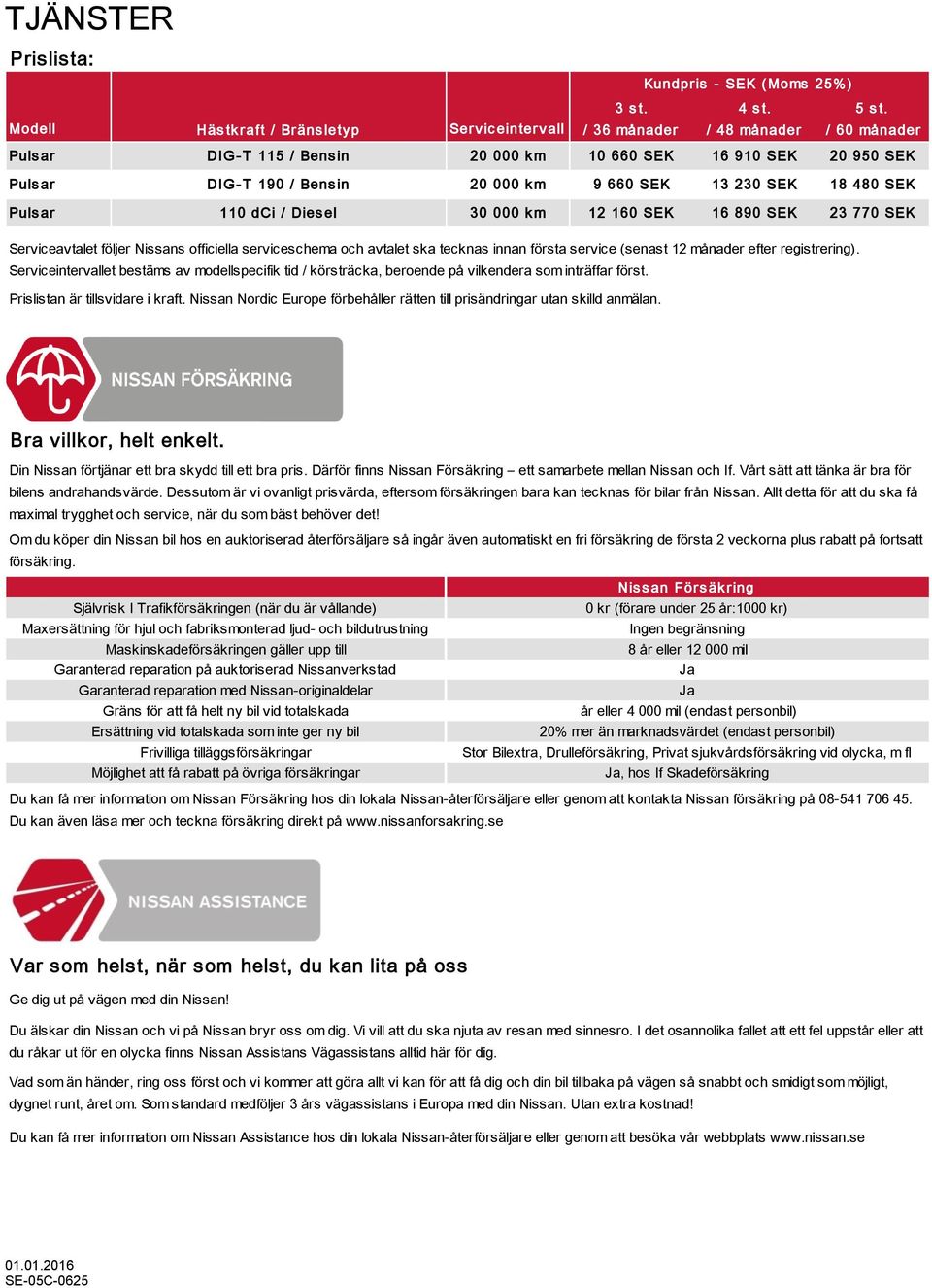 000 k m 9 660 SEK 13 230 SEK 18 480 SEK Puls ar 110 dci / Dies el 30 000 k m 12 160 SEK 16 890 SEK 23 770 SEK Serviceavtalet följer Nissans officiella serviceschema och avtalet ska tecknas innan