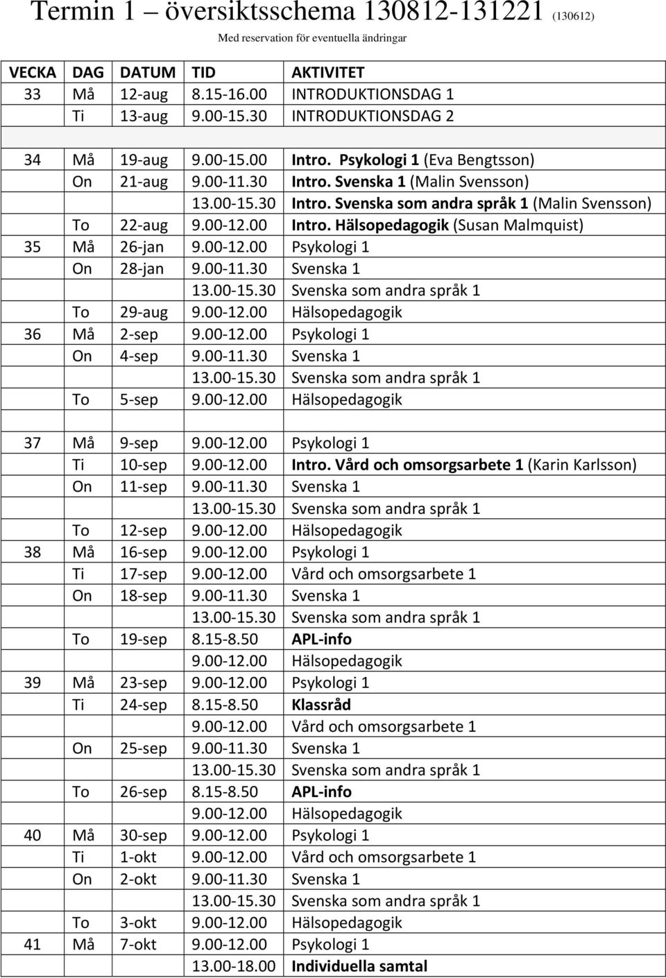 Hälsopedagogik (Susan Malmquist) 35 Må 26 jan 9.00 12.00 Psykologi 1 On 28 jan 9.00 11.30 Svenska 1 To 29 aug 36 Må 2 sep 9.00 12.00 Psykologi 1 On 4 sep 9.00 11.30 Svenska 1 To 5 sep 37 Må 9 sep 9.