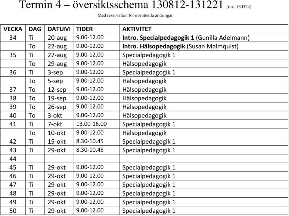 00 Specialpedagogik 1 To 10 okt 42 Ti 15 okt 8.30 10.45 Specialpedagogik 1 43 Ti 29 okt 8.30 10.45 Specialpedagogik 1 44 45 Ti 29 okt 9.00 12.00 Specialpedagogik 1 46 Ti 29 okt 9.00 12.00 Specialpedagogik 1 47 Ti 29 okt 9.