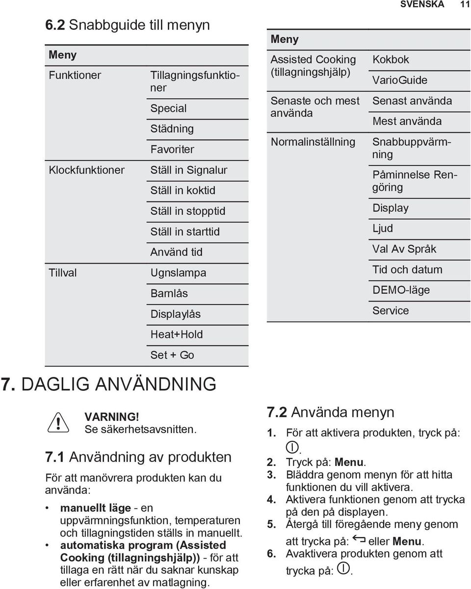 Påminnelse Rengöring Display Ljud Val Av Språk Tid och datum DEMO-läge Service SVENSKA 11 7.