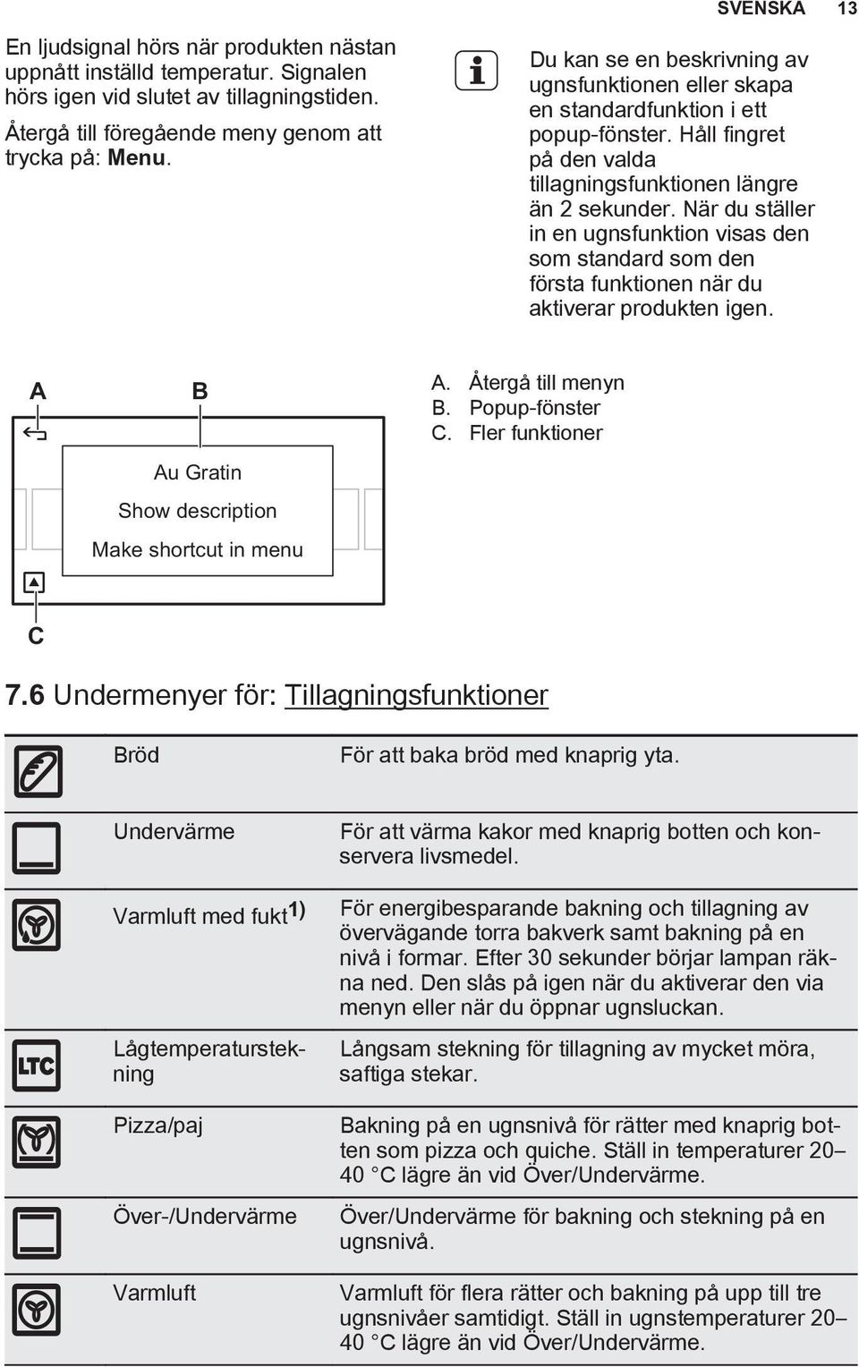 När du ställer in en ugnsfunktion visas den som standard som den första funktionen när du aktiverar produkten igen. A B Au Gratin Show description Make shortcut in menu A. Återgå till menyn B.