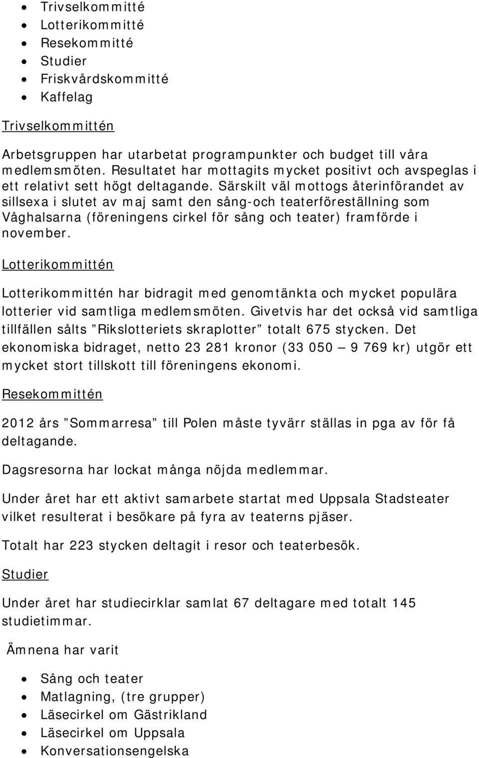 Särskilt väl mottogs återinförandet av sillsexa i slutet av maj samt den sång-och teaterföreställning som Våghalsarna (föreningens cirkel för sång och teater) framförde i november.