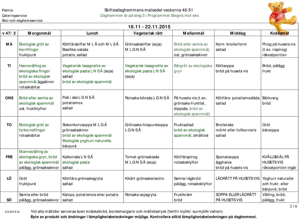 2015 v 47/ 2 Morgonmål Lunch Vegetarisk rätt Mellanmål Middag Kvällsmål MÅ Ekologisk gröt av kornflingor puré Köttfärsbiffar M L Ä och M L S Ä Basilika-ostsås, Grönsaksbiffar (soja) ekologisk, ost,