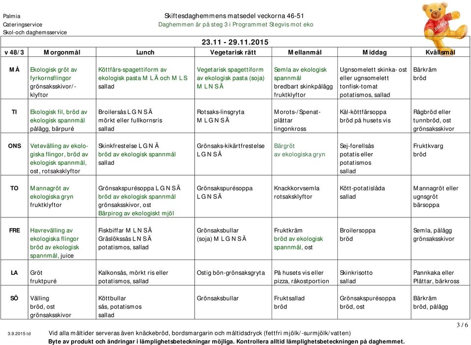 2015 v 48/3 Morgonmål Lunch Vegetarisk rätt Mellanmål Middag Kvällsmål MÅ Ekologisk gröt av /- klyftor Köttfärs-spagettiform av ekologisk pasta M L Ä och M L S Vegetarisk spagettiform av ekologisk