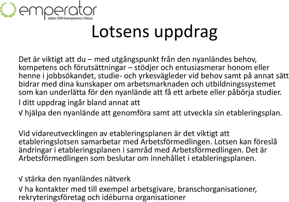 I ditt uppdrag ingår bland annat att hjälpa den nyanlände att genomföra samt att utveckla sin etableringsplan.