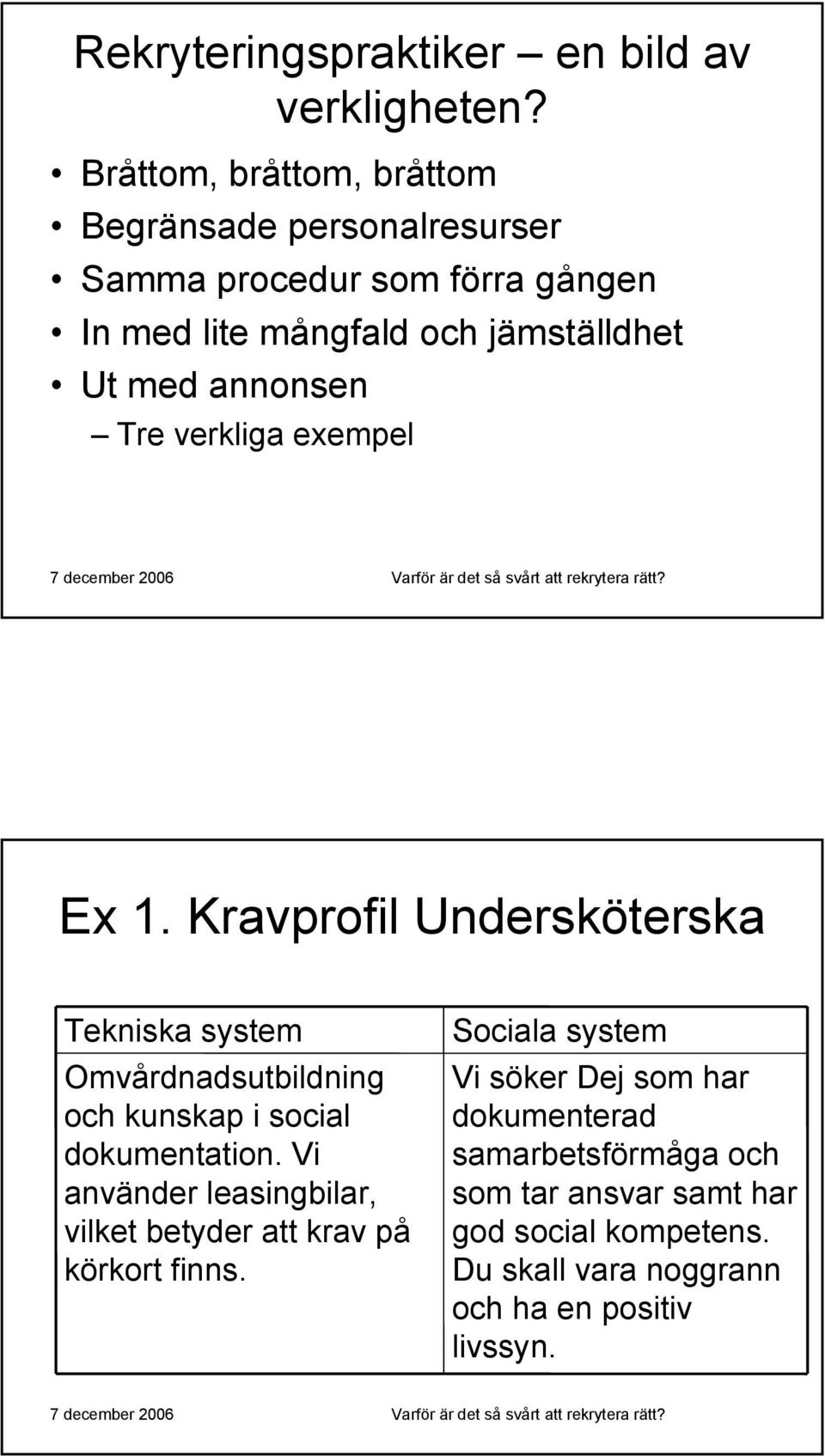 annonsen Tre verkliga exempel Ex 1. Kravprofil Undersköterska Tekniska system Omvårdnadsutbildning och kunskap i social dokumentation.