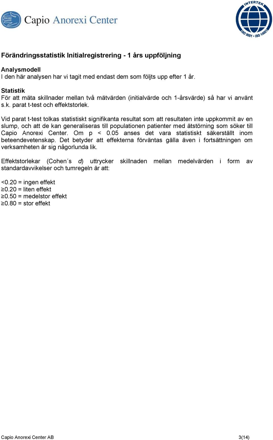 Vid parat t-test tolkas statistiskt signifikanta resultat som att resultaten inte uppkommit av en slump, och att de kan generaliseras till populationen patienter med ätstörning som söker till Capio