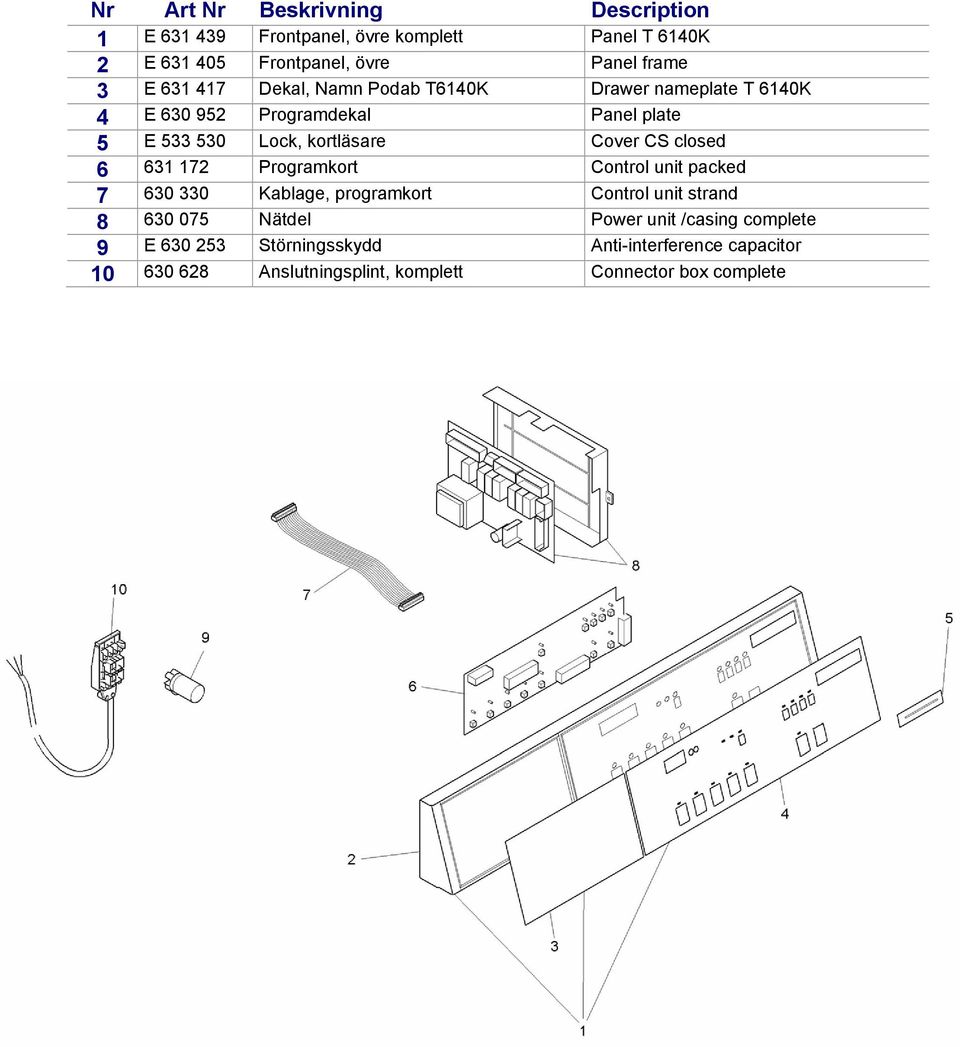 172 Programkort Control unit packed 7 630 330 Kablage, programkort Control unit strand 8 630 075 Nätdel Power unit /casing