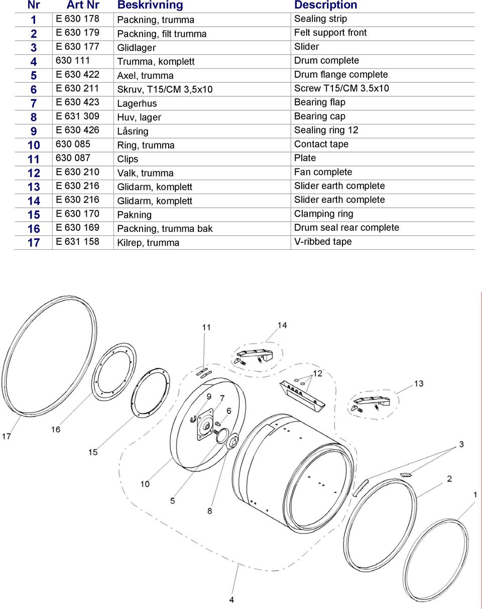 5x10 7 E 630 423 Lagerhus Bearing flap 8 E 631 309 Huv, lager Bearing cap 9 E 630 426 Låsring Sealing ring 12 10 630 085 Ring, trumma Contact tape 11 630 087 Clips Plate 12 E