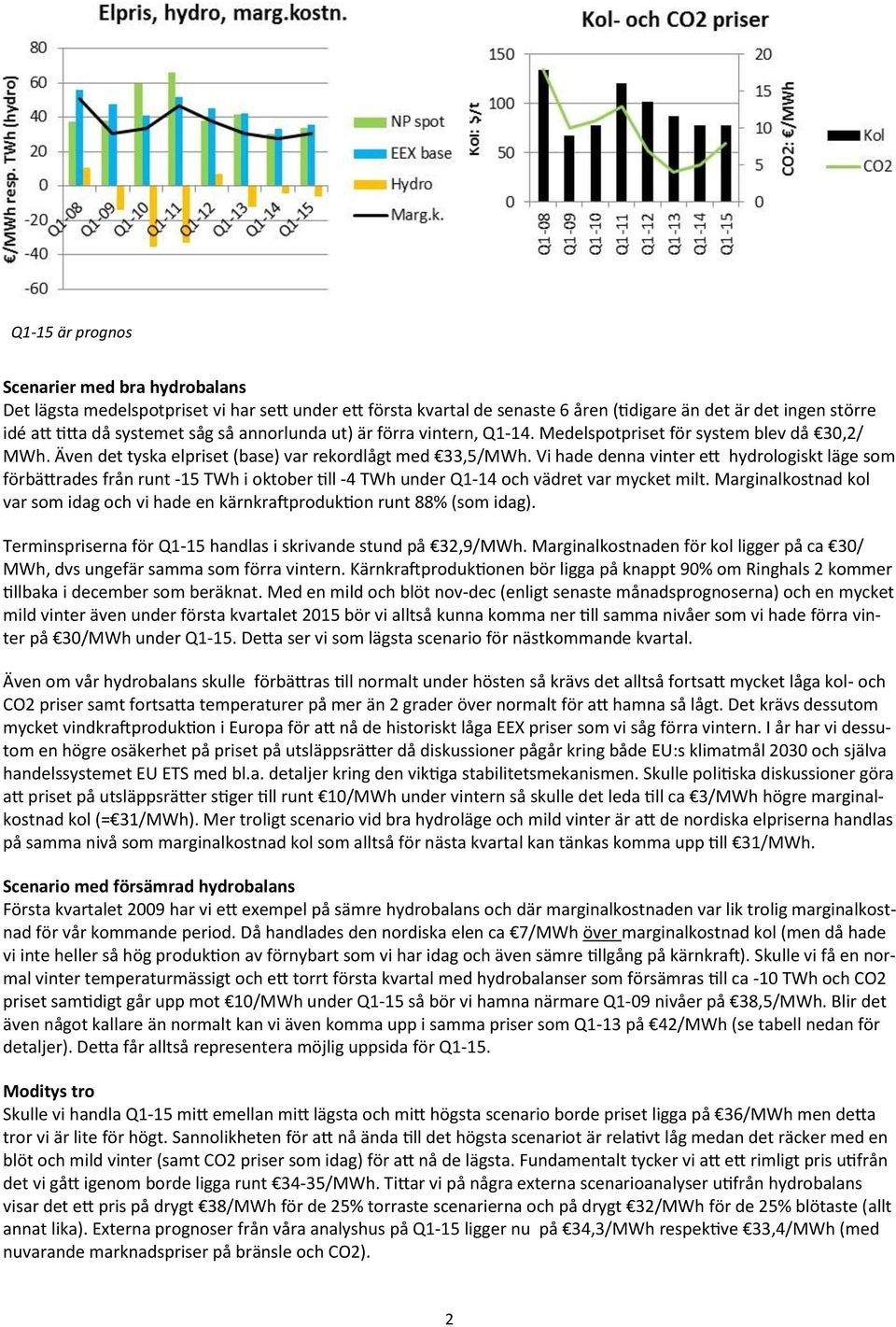 Vi hade denna vinter ett hydrologiskt läge som förbättrades från runt -15 TWh i oktober till -4 TWh under Q1-14 och vädret var mycket milt.
