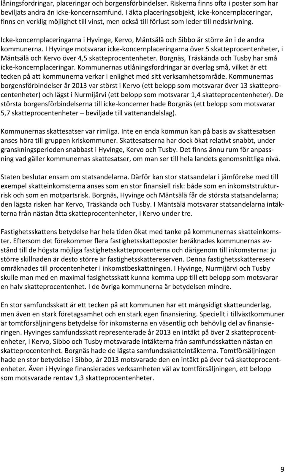 Icke-koncernplaceringarna i Hyvinge, Kervo, Mäntsälä och Sibbo är större än i de andra kommunerna.