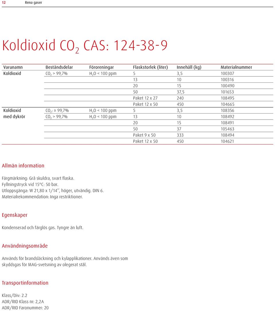 105463 Paket 9 x 50 333 108494 Paket 12 x 50 450 104621 Färgmärkning: Grå skuldra, svart flaska. Fyllningstryck vid 15 C: 50 bar. Utloppsgänga: W 21,80 x 1/14, höger, utvändig. DIN 6.