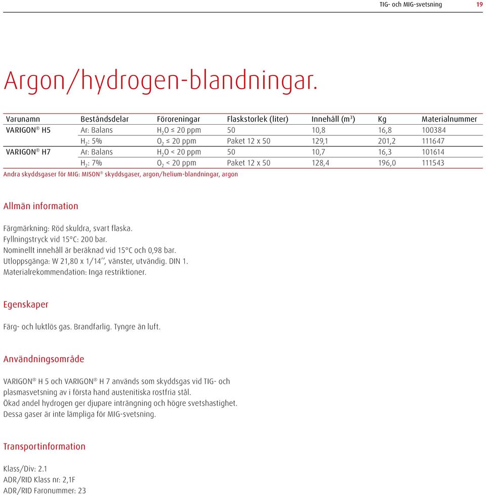 VARIGON H7 Ar: Balans H 2 O < 20 ppm 50 10,7 16,3 101614 H 2 : 7% O 2 < 20 ppm Paket 12 x 50 128,4 196,0 111543 Andra skyddsgaser för MIG: MISON skyddsgaser, argon/helium-blandningar, argon