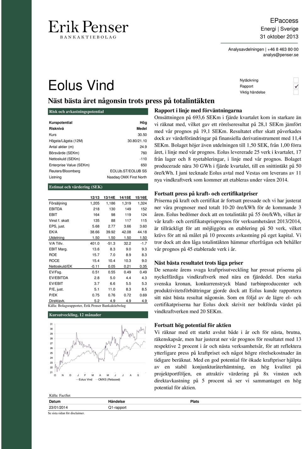 9 Börsvärde (SEKm) 76 Nettoskuld (SEKm) -11 Enterprise Value (SEKm) 65 Reuters/Bloomberg Listning Estimat och värdering (SEK) EOLUb.