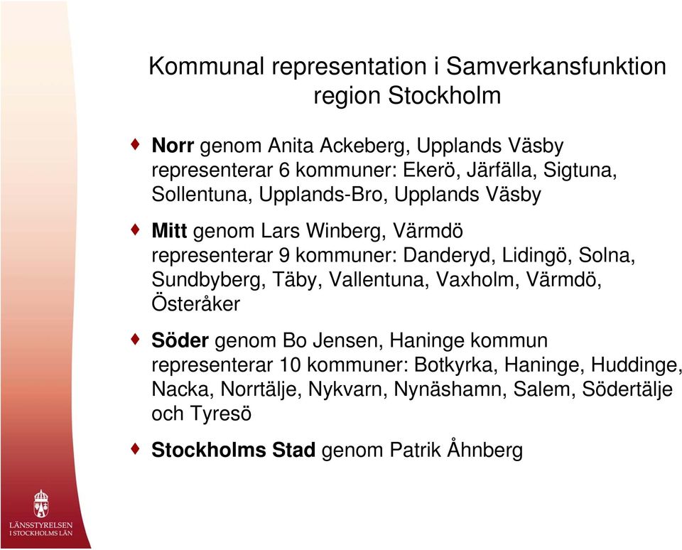 Danderyd, Lidingö, Solna, Sundbyberg, Täby, Vallentuna, Vaxholm, Värmdö, Österåker Söder genom Bo Jensen, Haninge kommun