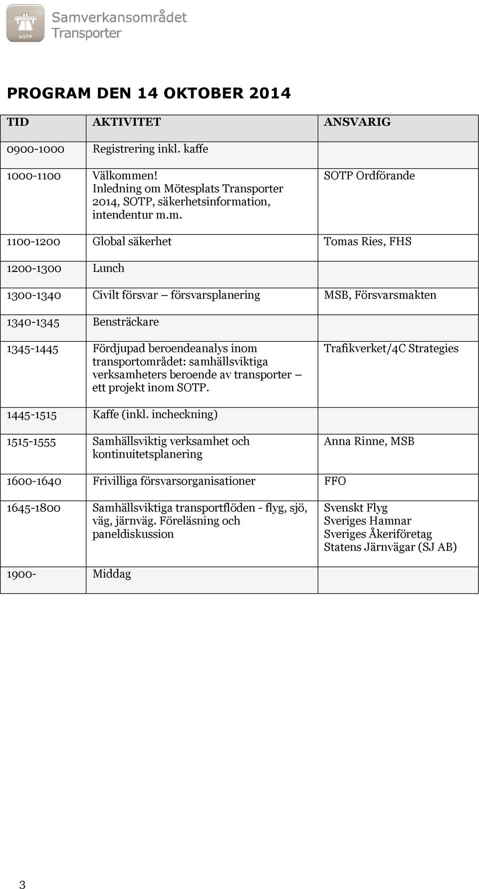 Mötesplats Transporter 2014, SOTP, säkerhetsinforma