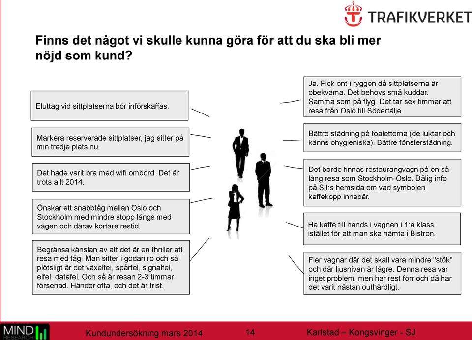 Bättre städning på toaletterna (de luktar och känns ohygieniska). Bättre fönsterstädning. Det hade varit bra med wifi ombord. Det är trots allt 2014.