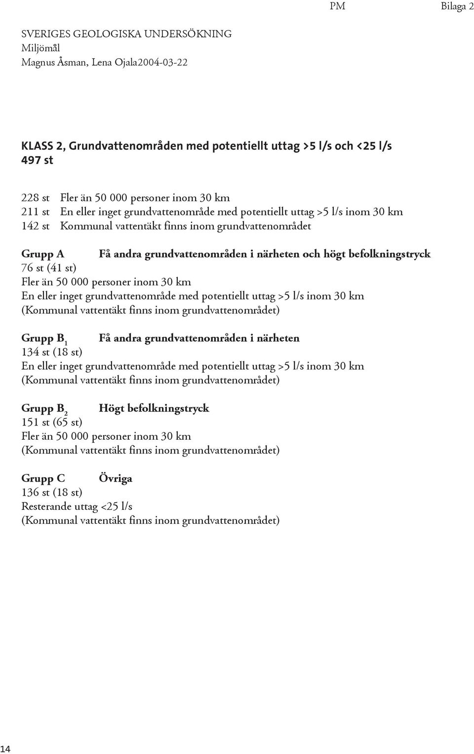högt befolkningstryck 76 st (41 st) Fler än 50 000 personer inom 30 km En eller inget grundvattenområde med potentiellt uttag >5 l/s inom 30 km (Kommunal vattentäkt finns inom grundvattenområdet)