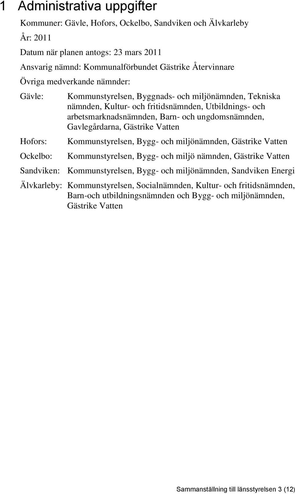 ungdomsnämnden, Gavlegårdarna, Gästrike Vatten Kommunstyrelsen, Bygg- och miljönämnden, Gästrike Vatten Kommunstyrelsen, Bygg- och miljö nämnden, Gästrike Vatten Sandviken: Kommunstyrelsen, Bygg- och