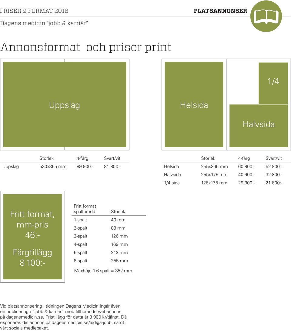 2-spalt 3-spalt 4-spalt 5-spalt 6-spalt Storlek 40 mm 83 mm 126 mm 169 mm 212 mm 255 mm Maxhöjd 1-6 spalt = 352 mm Vid platsannonsering i tidningen Dagens Medicin ingår även en publicering i