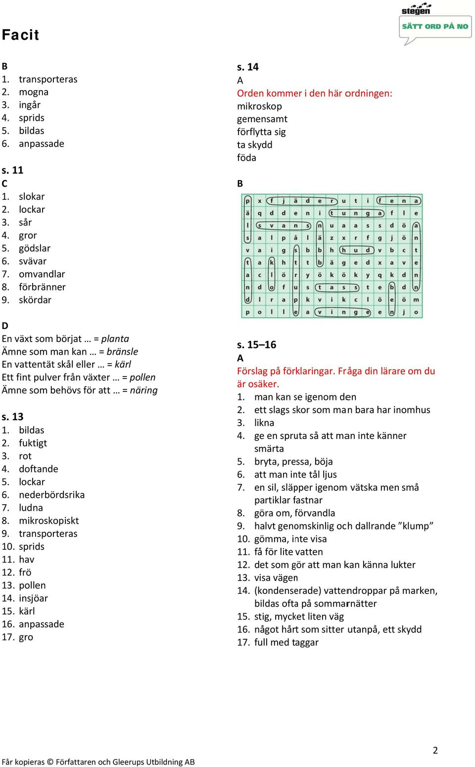 spris 1 hv 1 rö 1 polln 1 insjör 1 kärl 1 npss 1 gro 14 Orn kommr i n här orningn: mikroskop gmnsmt örlytt sig t sky ö 15 16 Förslg på örklringr. Fråg in lärr om u är osäkr.