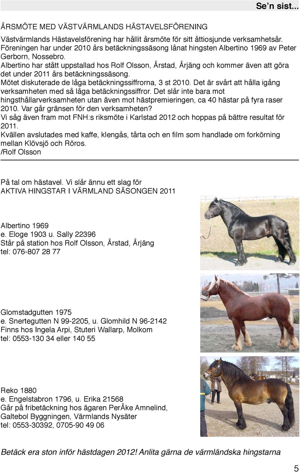 Albertino har stått uppstallad hos Rolf Olsson, Årstad, Årjäng och kommer även att göra det under 2011 års betäckningssäsong. Mötet diskuterade de låga betäckningssiffrorna, 3 st 2010.