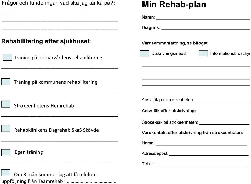 Rehabklinikens Dagrehab SkaS Skövde Egen träning Min Rehab-plan Namn: Diagnos: Vårdsammanfattning, se bifogat Utskrivningsmedd.