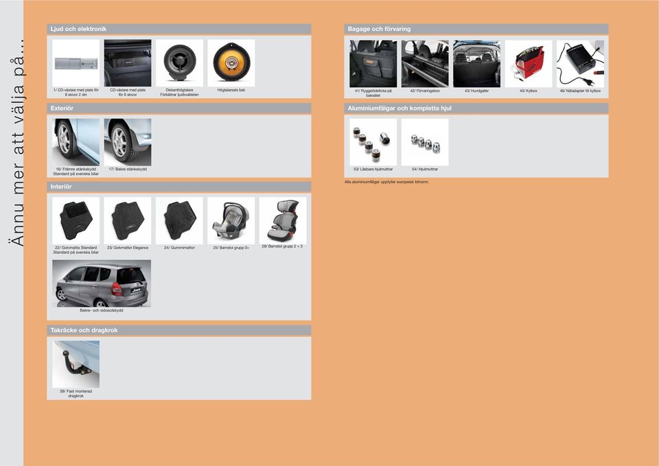 Elegance 24/ Gummimattor 25/ Barnstol grupp 0+ 28/ Barnstol grupp 2 + 3 41/ Ryggstödsficka på baksätet Aluminiumfälgar och kompletta hjul 53/ Låsbara hjulmuttrar 54/ Hjulmuttrar