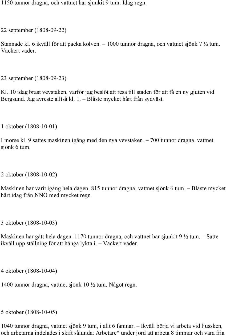 1 oktober (1808-10-01) I morse kl. 9 sattes maskinen igång med den nya vevstaken. 700 tunnor dragna, vattnet sjönk 6 tum. 2 oktober (1808-10-02) Maskinen har varit igång hela dagen.