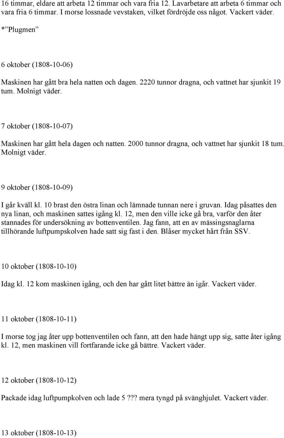 7 oktober (1808-10-07) Maskinen har gått hela dagen och natten. 2000 tunnor dragna, och vattnet har sjunkit 18 tum. Molnigt väder. 9 oktober (1808-10-09) I går kväll kl.
