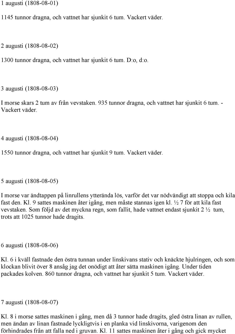 4 augusti (1808-08-04) 1550 tunnor dragna, och vattnet har sjunkit 9 tum. Vackert väder.