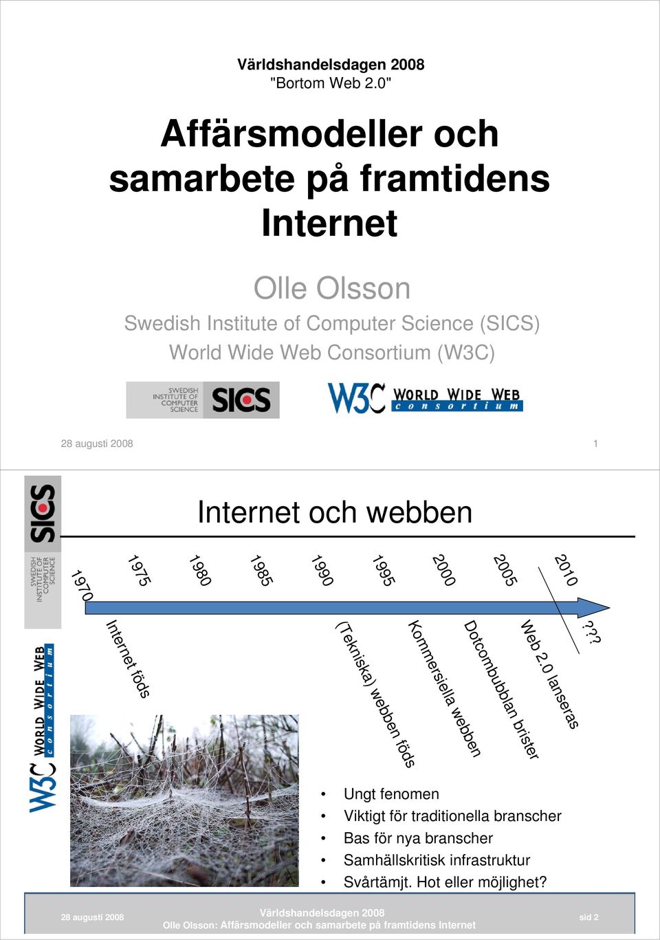 Web Consortium (W3C) 28 augusti 2008 1 Internet och webben 1985 1980 1975 1990 1995 2005 2000 2010 1970 Internet föds Web 2.