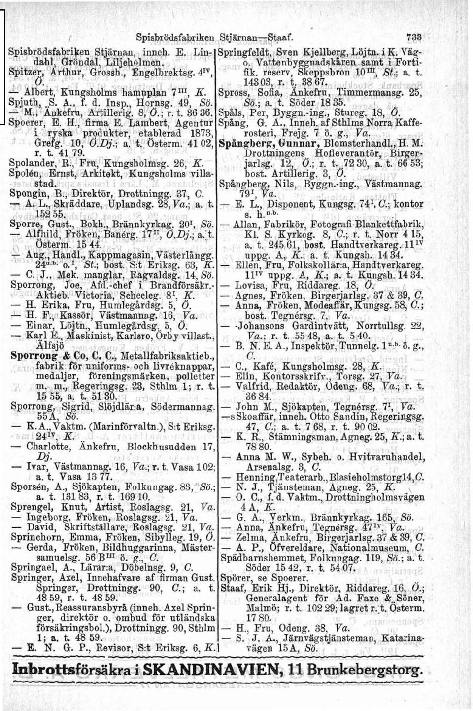 , FW, ~u*gsholms~. 26, K. Spolén; Ernst, Arkitekt, Kungsholms villastad. Spongin, B.,. Direktor, Drottningg. 37, C. - A. L., Skräddare, Uplandsg. 28,Va.; a. t. 15255. Sporre, Gust.