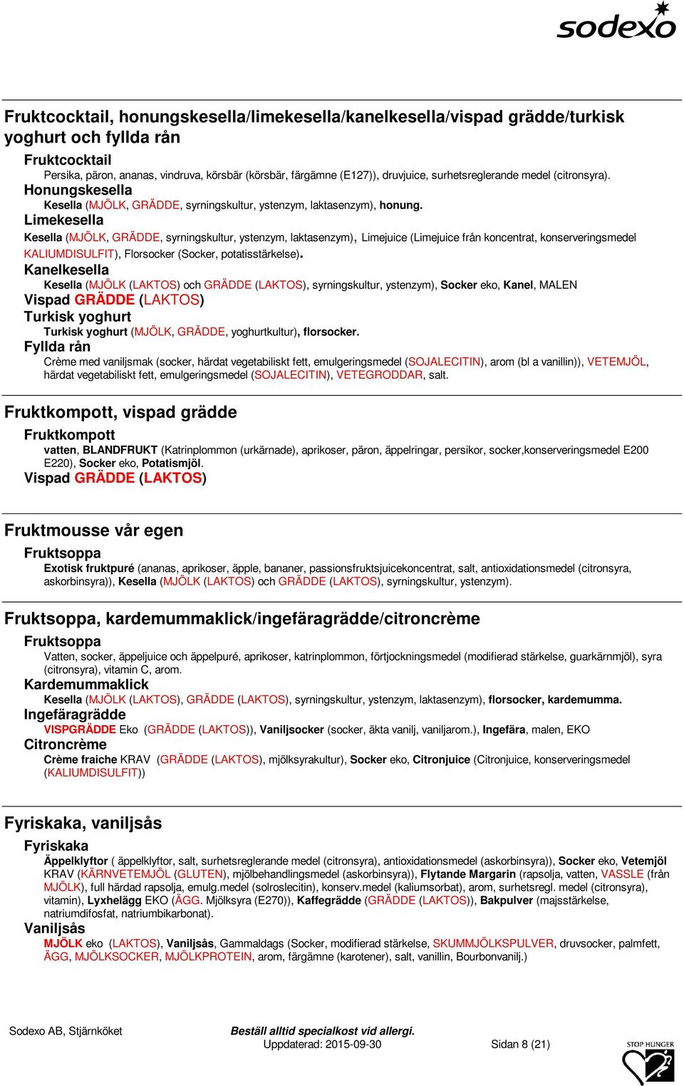 Limekesella Kesella (MJÖLK, GRÄDDE, syrningskultur, ystenzym, laktasenzym), Limejuice (Limejuice från koncentrat, konserveringsmedel KALIUMDISULFIT), Florsocker (Socker, potatisstärkelse).