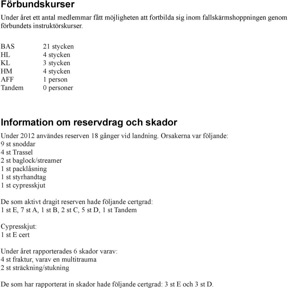 Orsakerna var följande: 9 st snoddar 4 st Trassel 2 st baglock/streamer 1 st packlåsning 1 st styrhandtag 1 st cypresskjut De som aktivt dragit reserven hade följande certgrad: 1 st E, 7