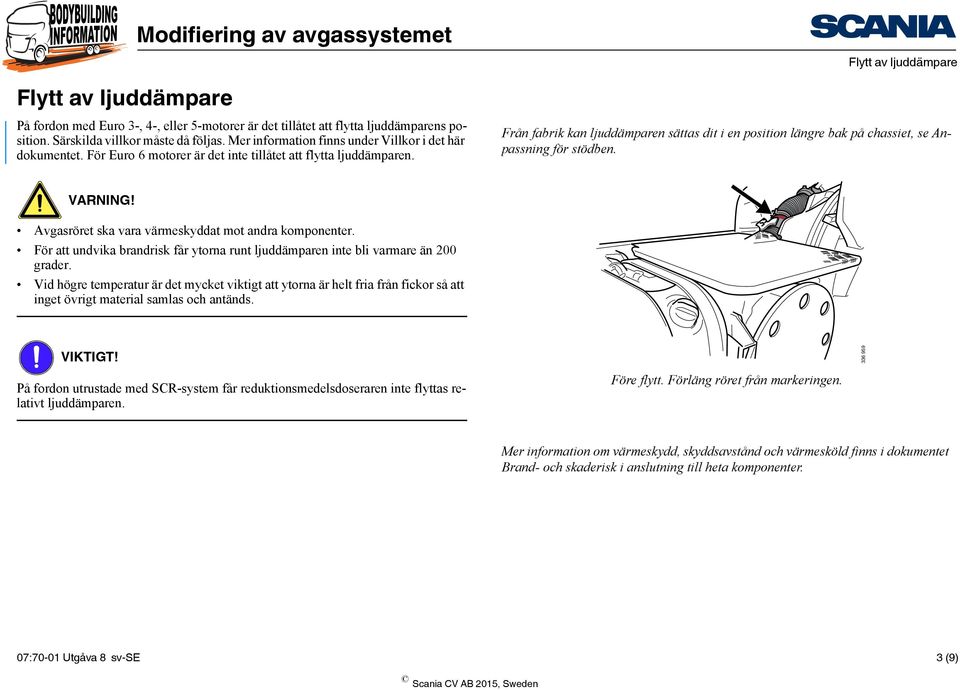 Avgasröret ska vara värmeskyddat mot andra komponenter. För att undvika brandrisk får ytorna runt ljuddämparen inte bli varmare än 200 grader.