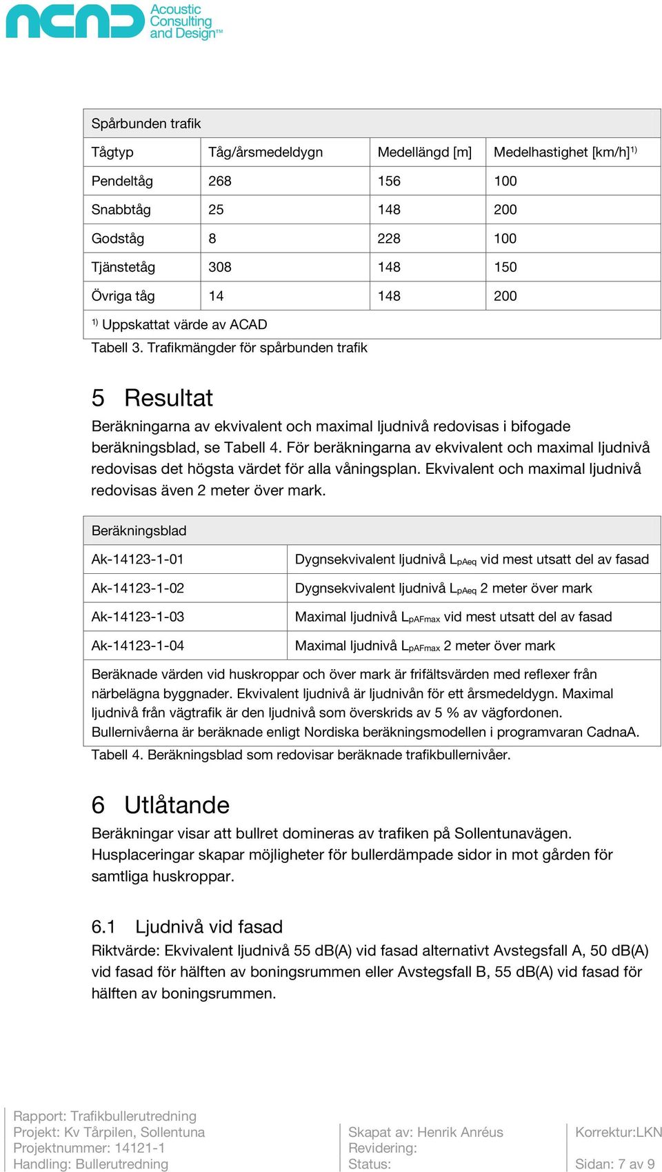 För beräkningarna av ekvivalent och maximal ljudnivå redovisas det högsta värdet för alla våningsplan. Ekvivalent och maximal ljudnivå redovisas även 2 meter över mark.